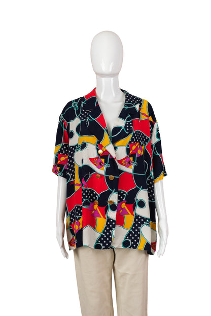 Marglit tvíhneppt vintage skyrta - xlarge