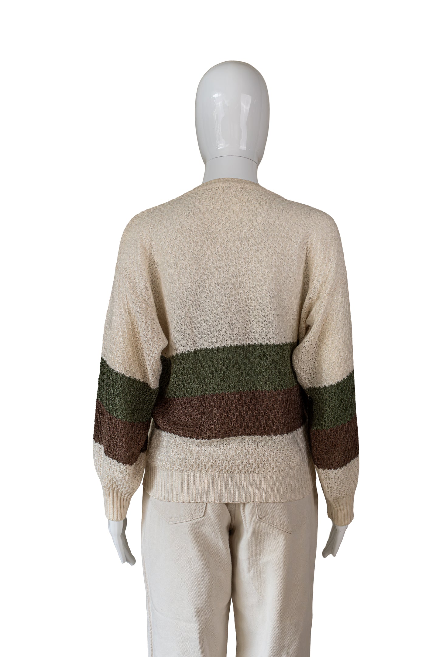 Ómerkt ljós, græn og brún vintage prjónapeysa - medium