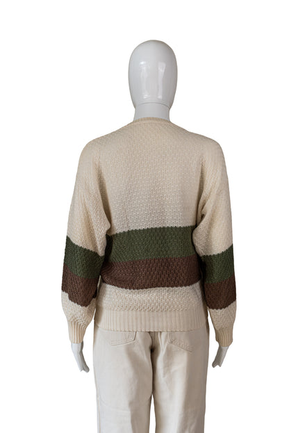 Ómerkt ljós, græn og brún vintage prjónapeysa - medium