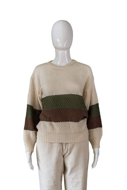 Ómerkt ljós, græn og brún vintage prjónapeysa - medium