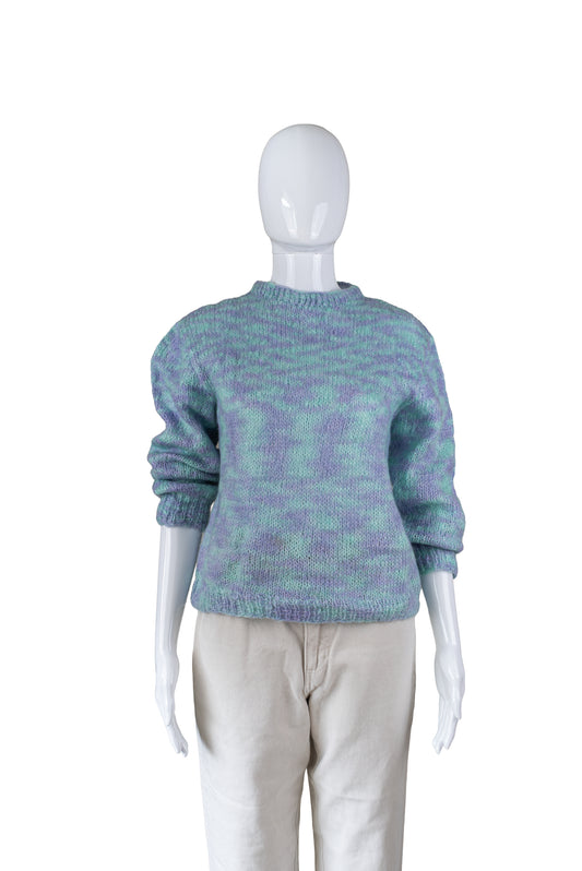 Ómerkt vintage grænblá og bleik prjónapeysa - Medium