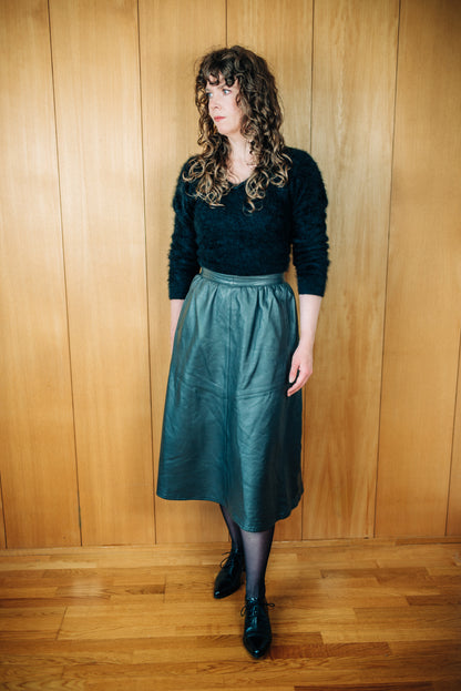 Vintage sítt svart leðurpils - medium