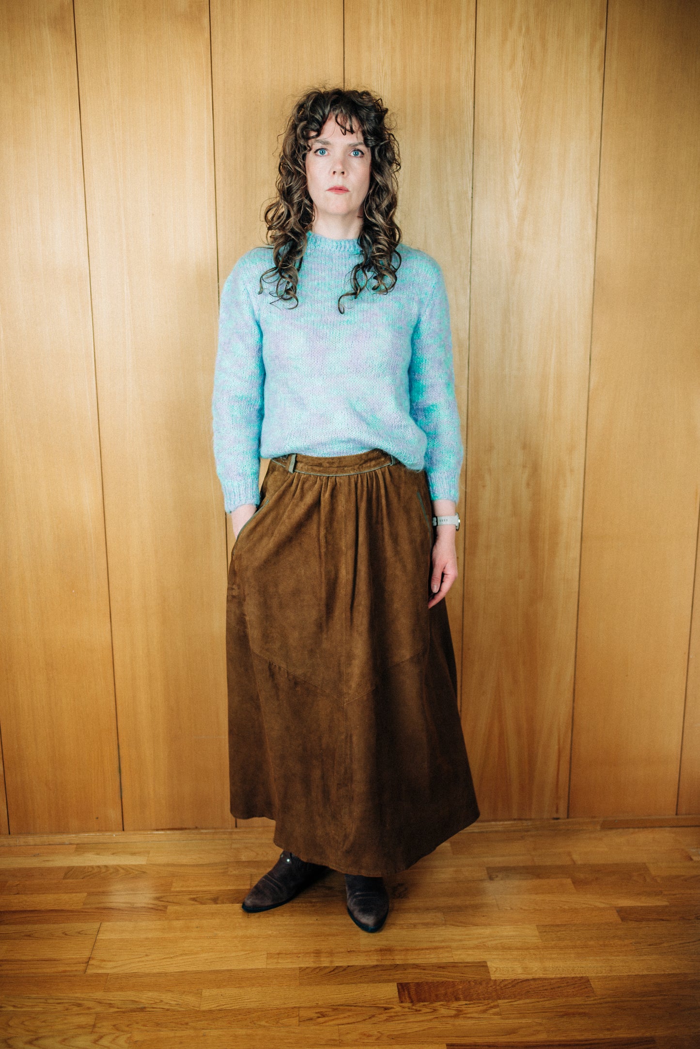 Ómerkt vintage grænblá og bleik prjónapeysa - Medium