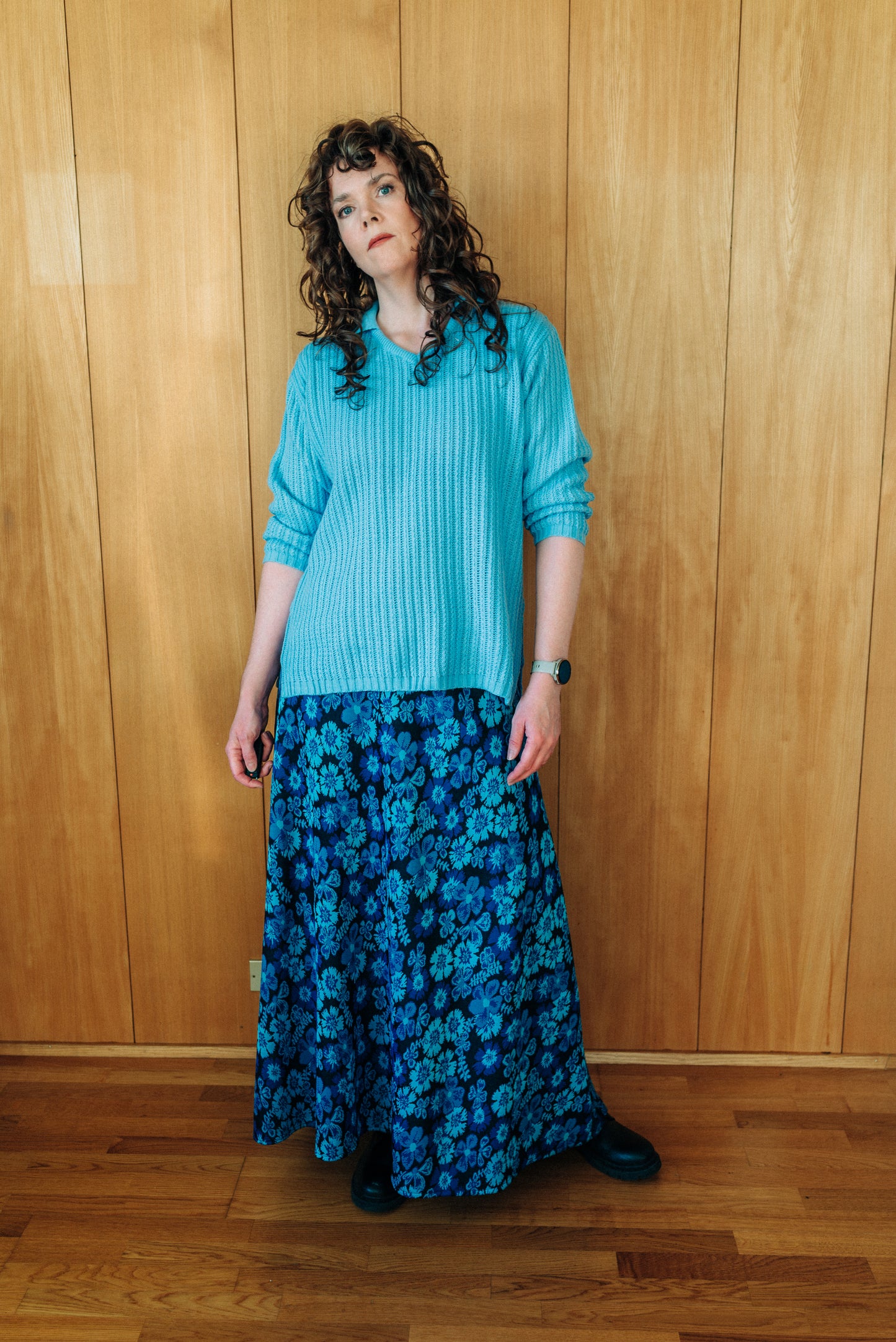 Ljósblá vintage prjónapeysa - XL