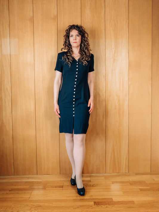 Svartur aðsniðinn vintage David Brooks 80s kjóll  úr hör - Meyland