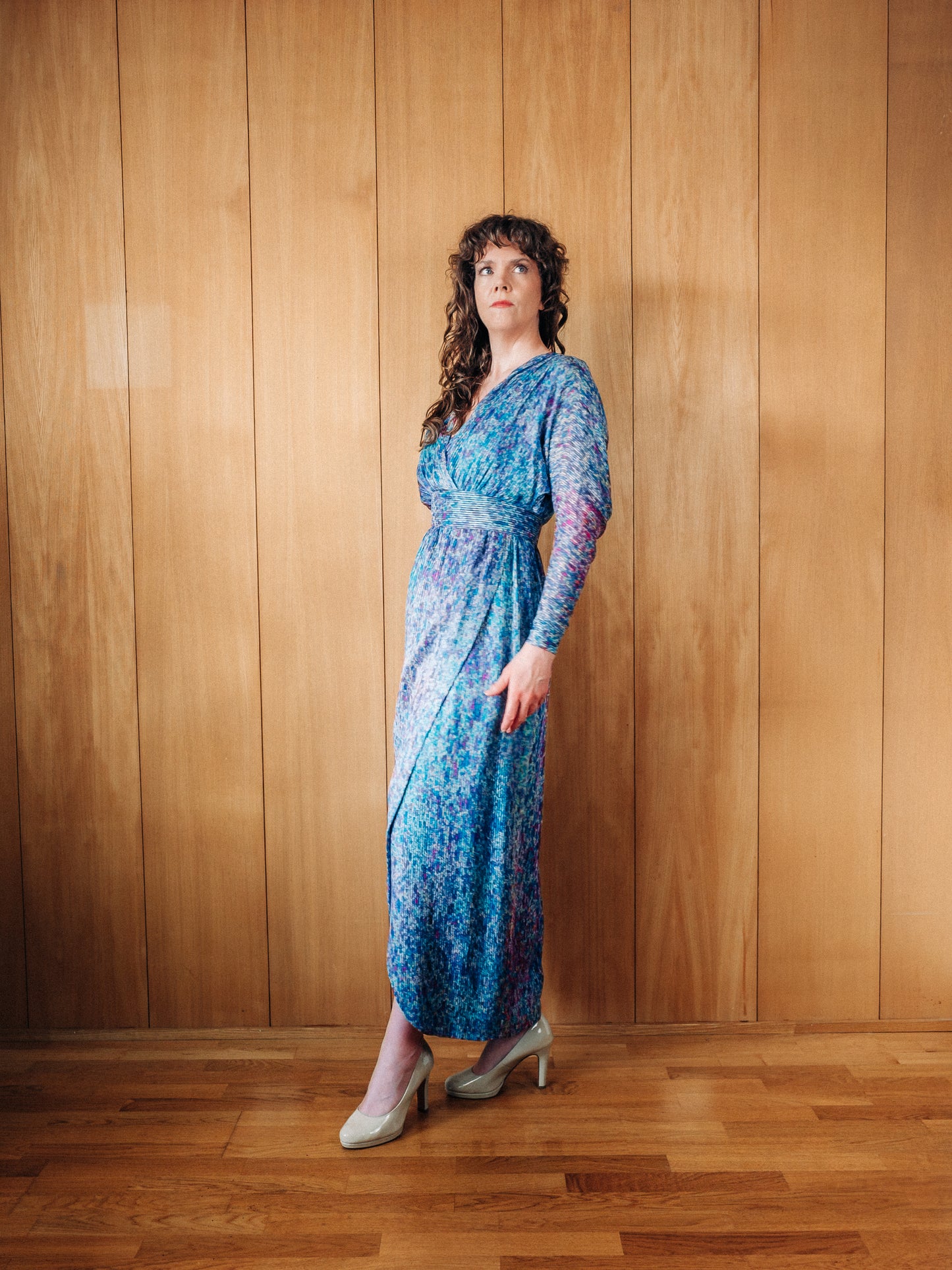 Vintage silki-chiffon síðkjóll - Small