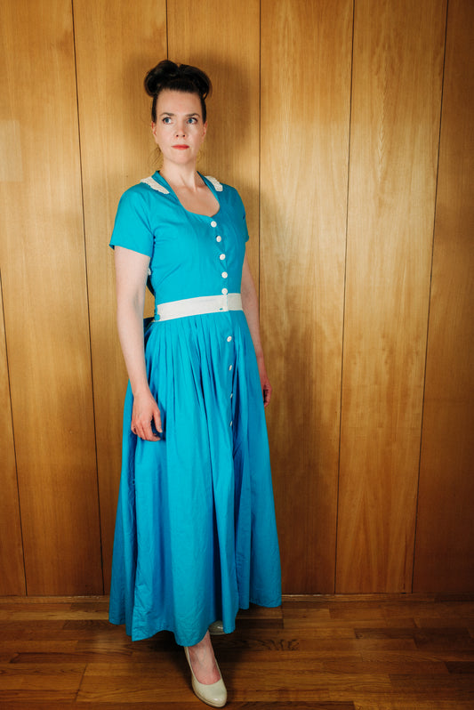Blár og hvítur vintage 60s maxi kjóll - Meyland