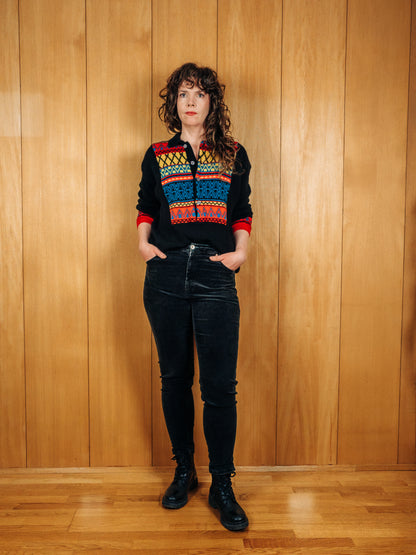 Svört vintage Esprit Sport ullarpeysa með gulu, rauðu og bláu munstri - Meyland