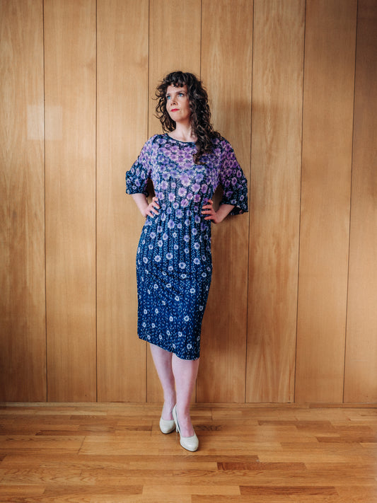 Vintage 70s blár blómakjóll - Medium