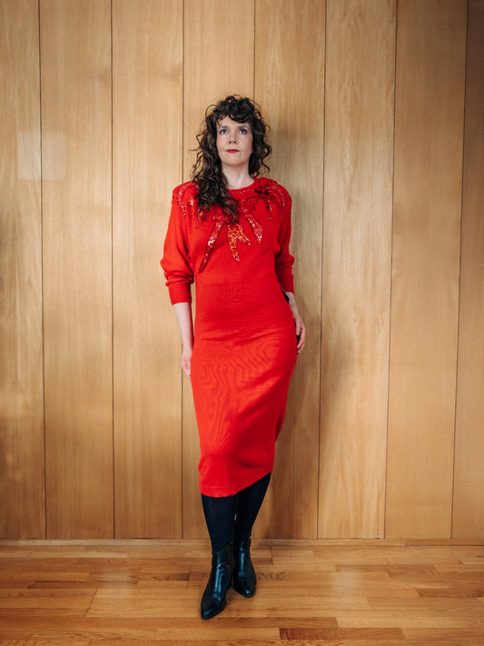 Rauður vintage 80s prjónakjóll með pallíettum - Meyland