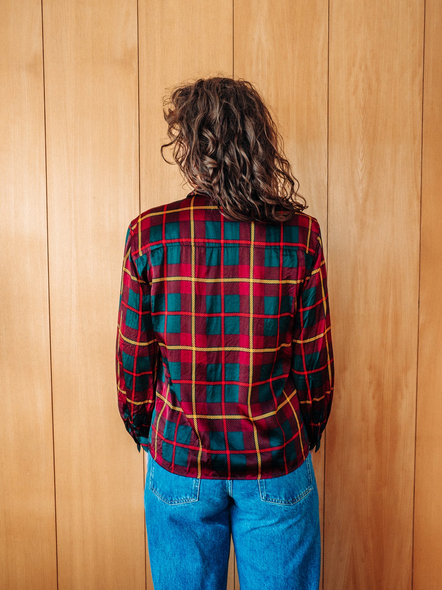 Vintage Jones New York köflótt silkiskyrta - Medium