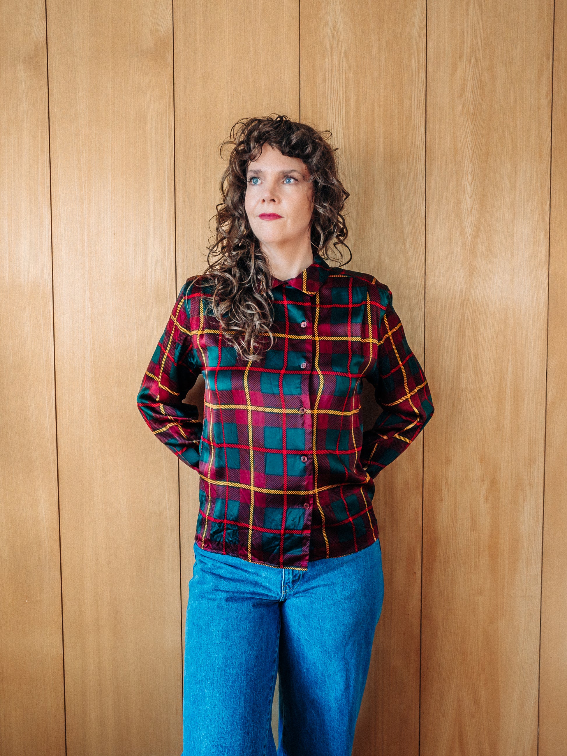 Vintage köflótt Jones New York silkiskyrta - Meyland