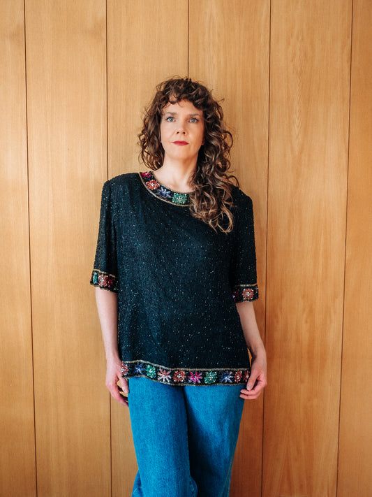 Svartur vintage 80s Laurence Kazar   silkitoppur með glerperlum og pallíettum - Meyland