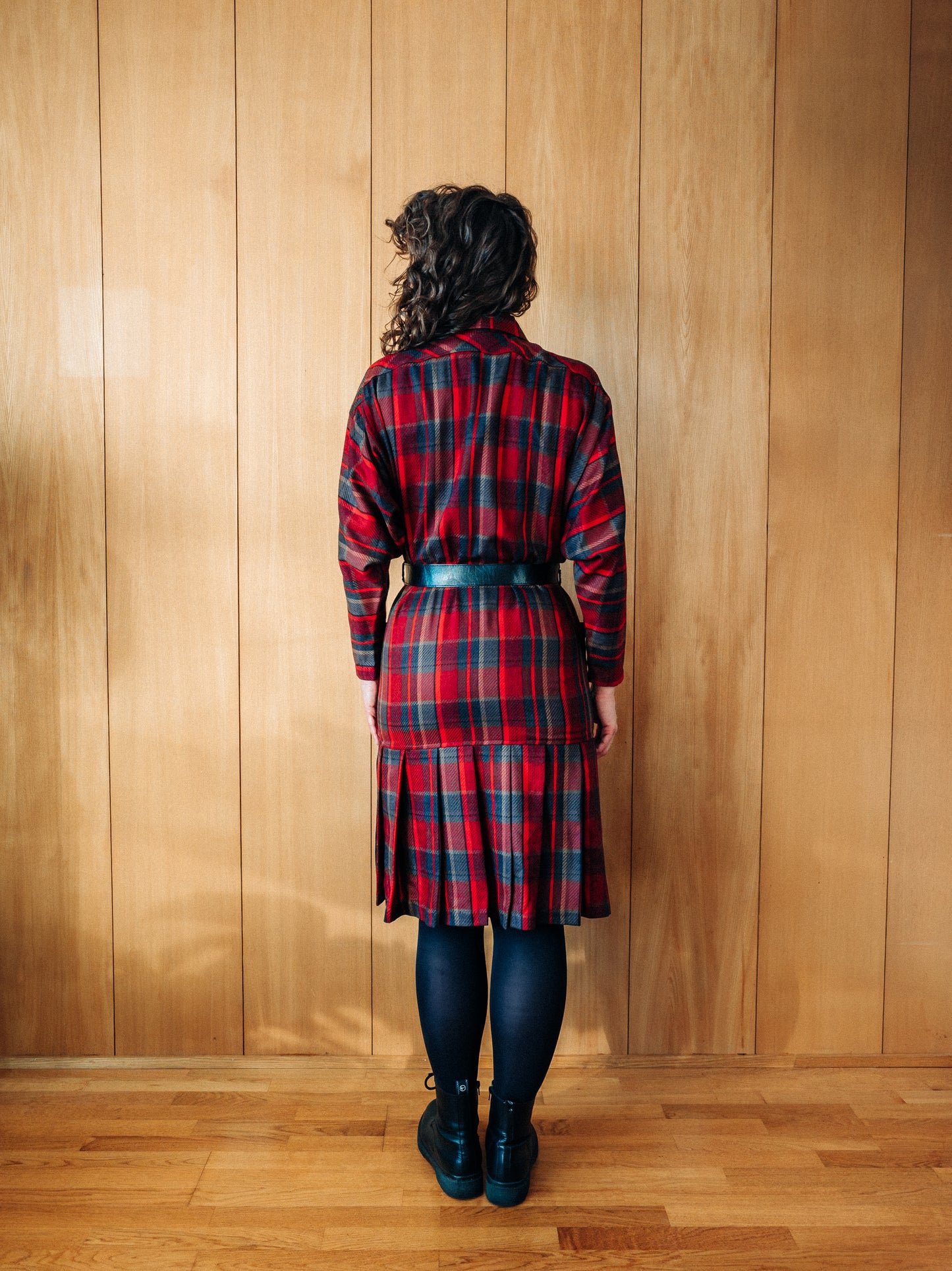 Vintage köflóttur 80s ullarkjóll - S/M