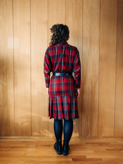 Vintage köflóttur 80s ullarkjóll - S/M